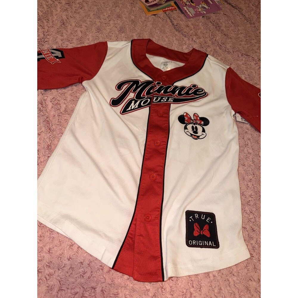 Disney Parks Minnie Mouse Baseball Jersey Shirt Top Embroidered Red White XS